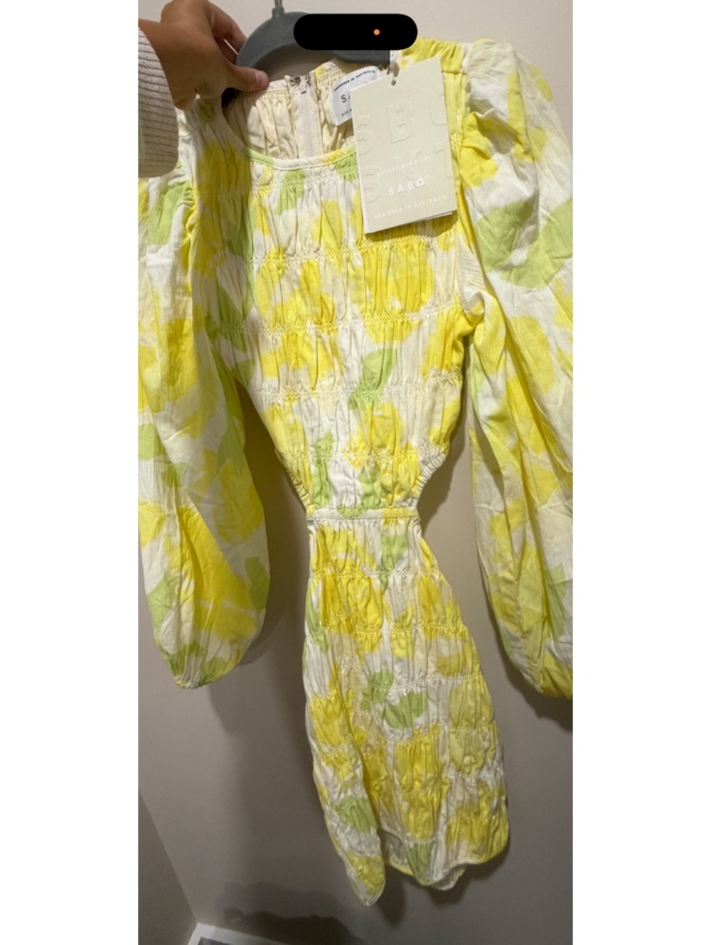 SABO Skirt Emaleigh Dress XS NWT Yellow Green Floral Cutout Puff Sleeve Mini